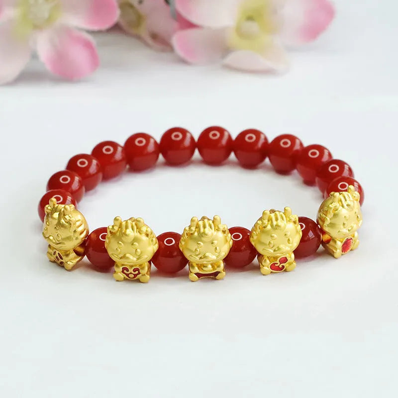 Chinese style red agate bracelet with five blessing dragon design and adjustable closure