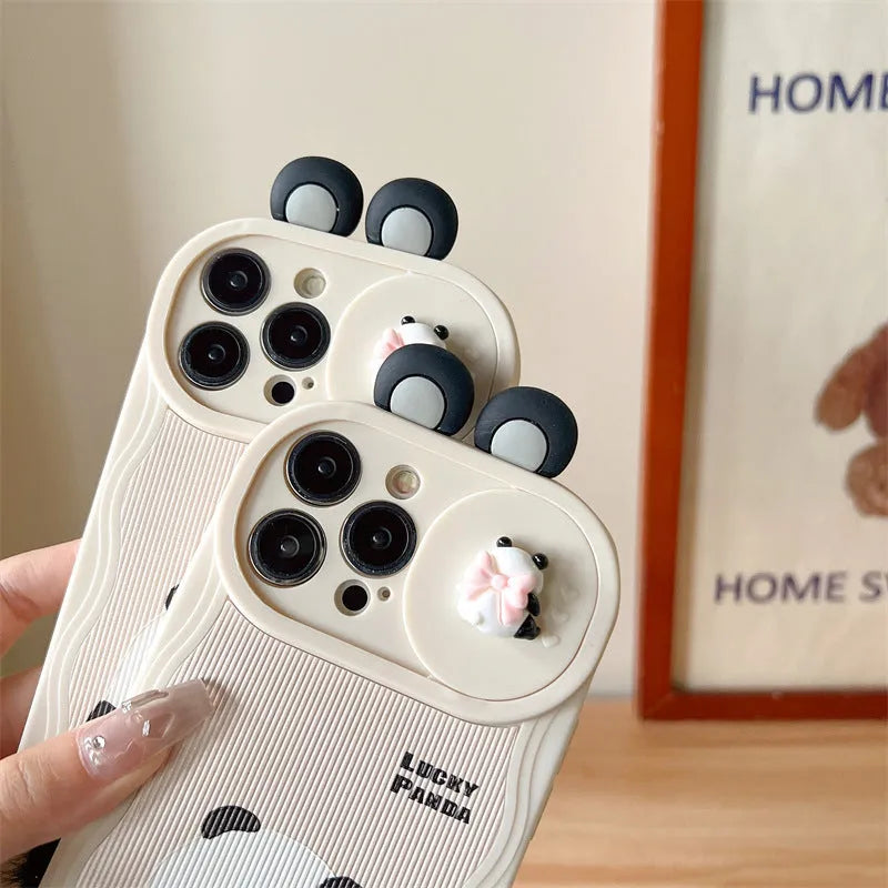 Furry panda phone case with hand-woven tail, soft silicone, for Apple iPhone