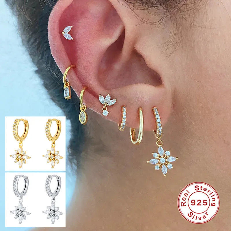 S925 sterling silver snowflake pendant earrings with cubic zirconia stones in geometric design