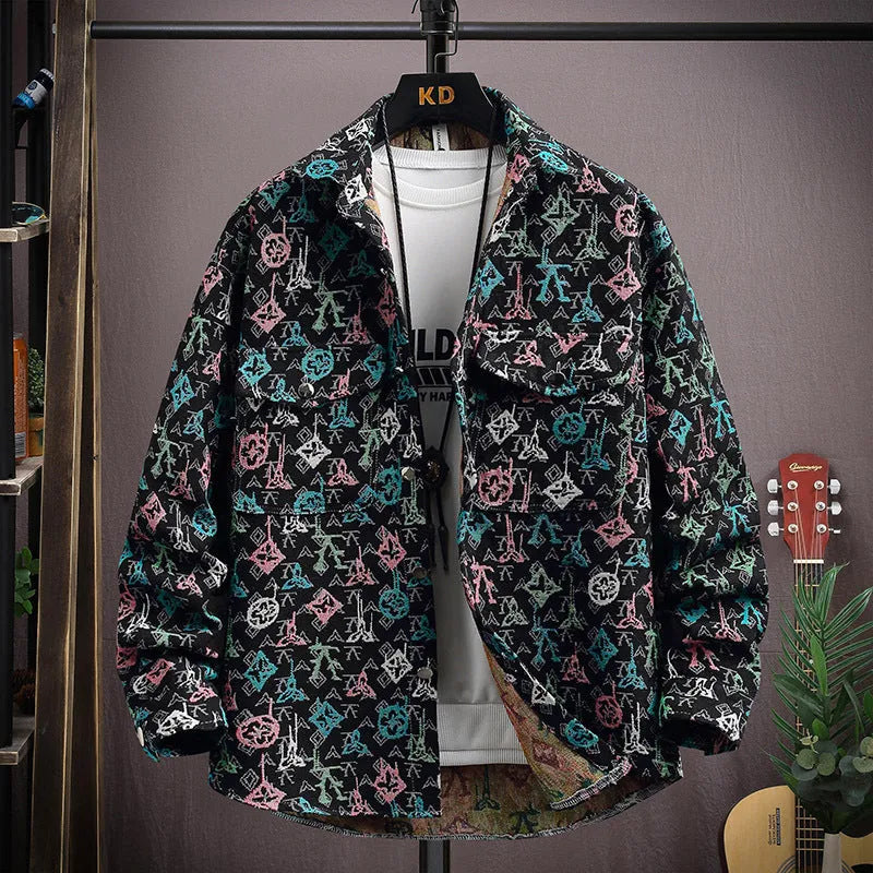 Casual lapel shirt coat with straight hem in polyester fabric, showing front view