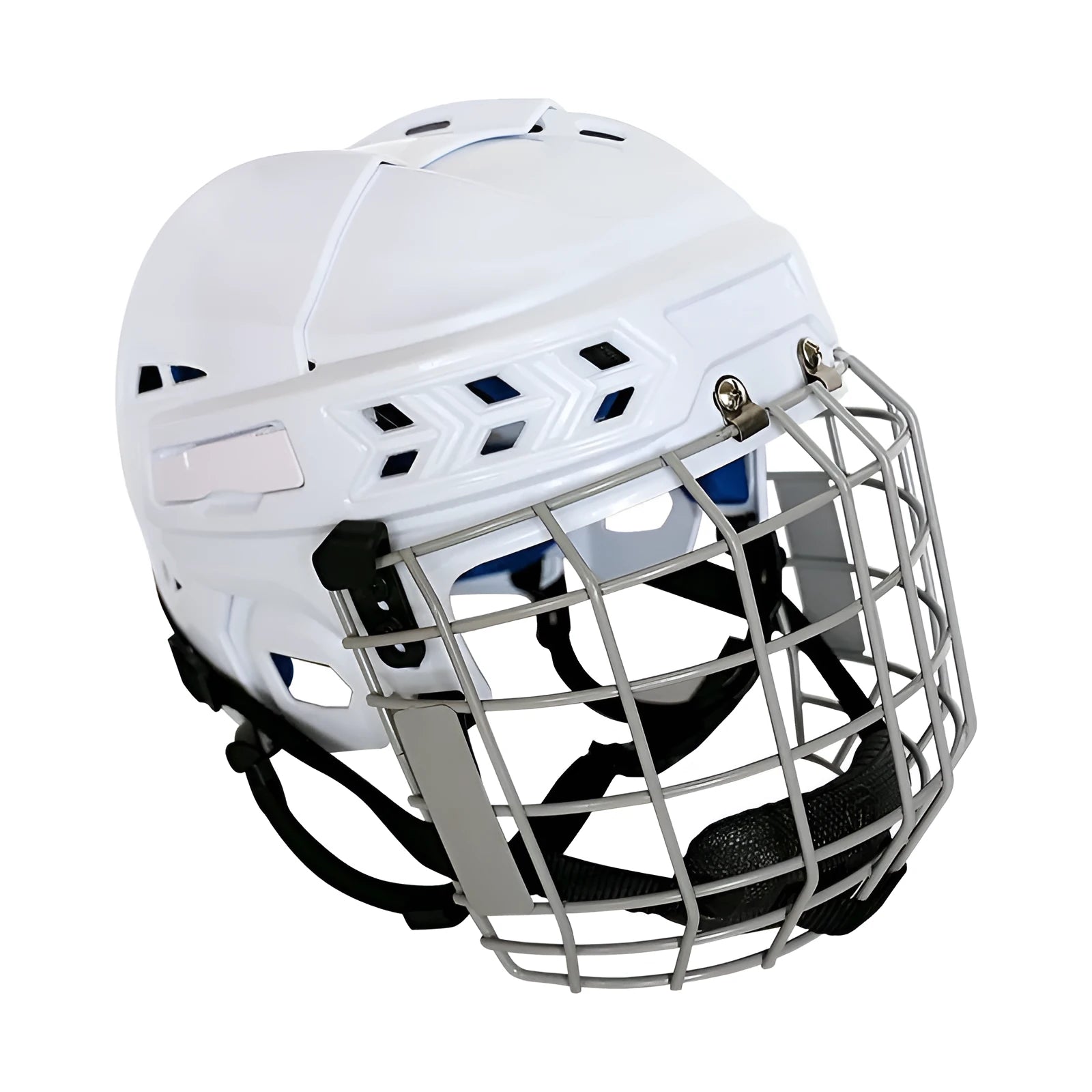 Ice hockey helmet with integrated carbon steel face mask showing PP shell and EVA lining, displayed in size L.