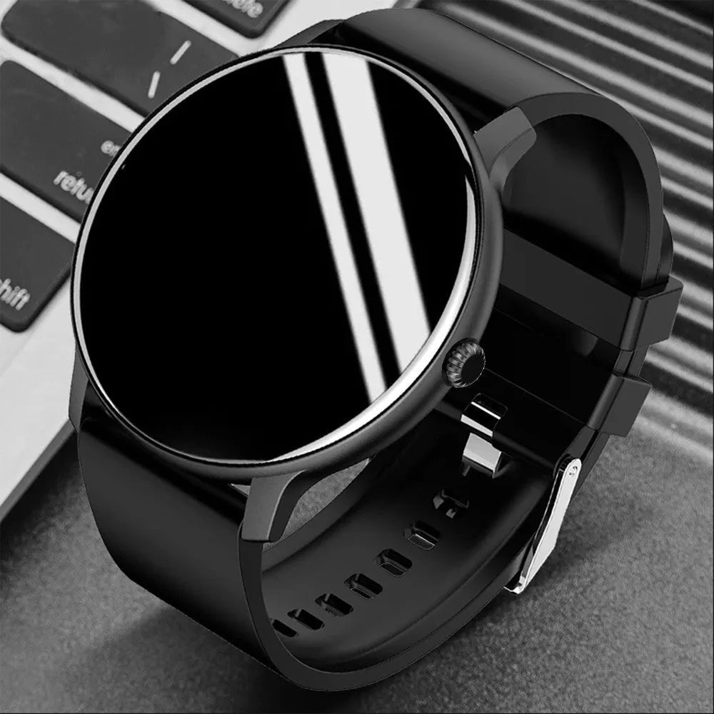 Black smart sports watch with blood pressure monitoring on silicone wristband