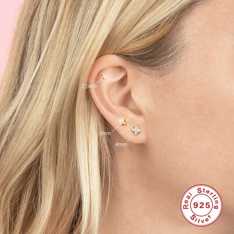 S925 sterling silver petal crystal flowers stud earrings in gold and platinum plating, showing 2.5mm, 3mm, and 4mm sizes
