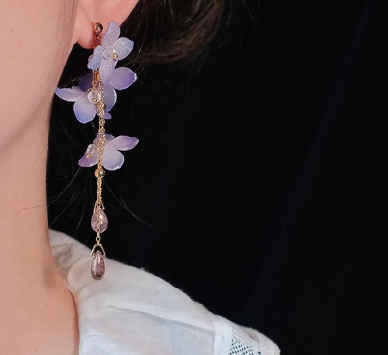 Handmade cold blue purple flower long tassel water drop earrings, gold-plated inlay with artificial gem and semi-precious stone, auricular needle or ear clip style