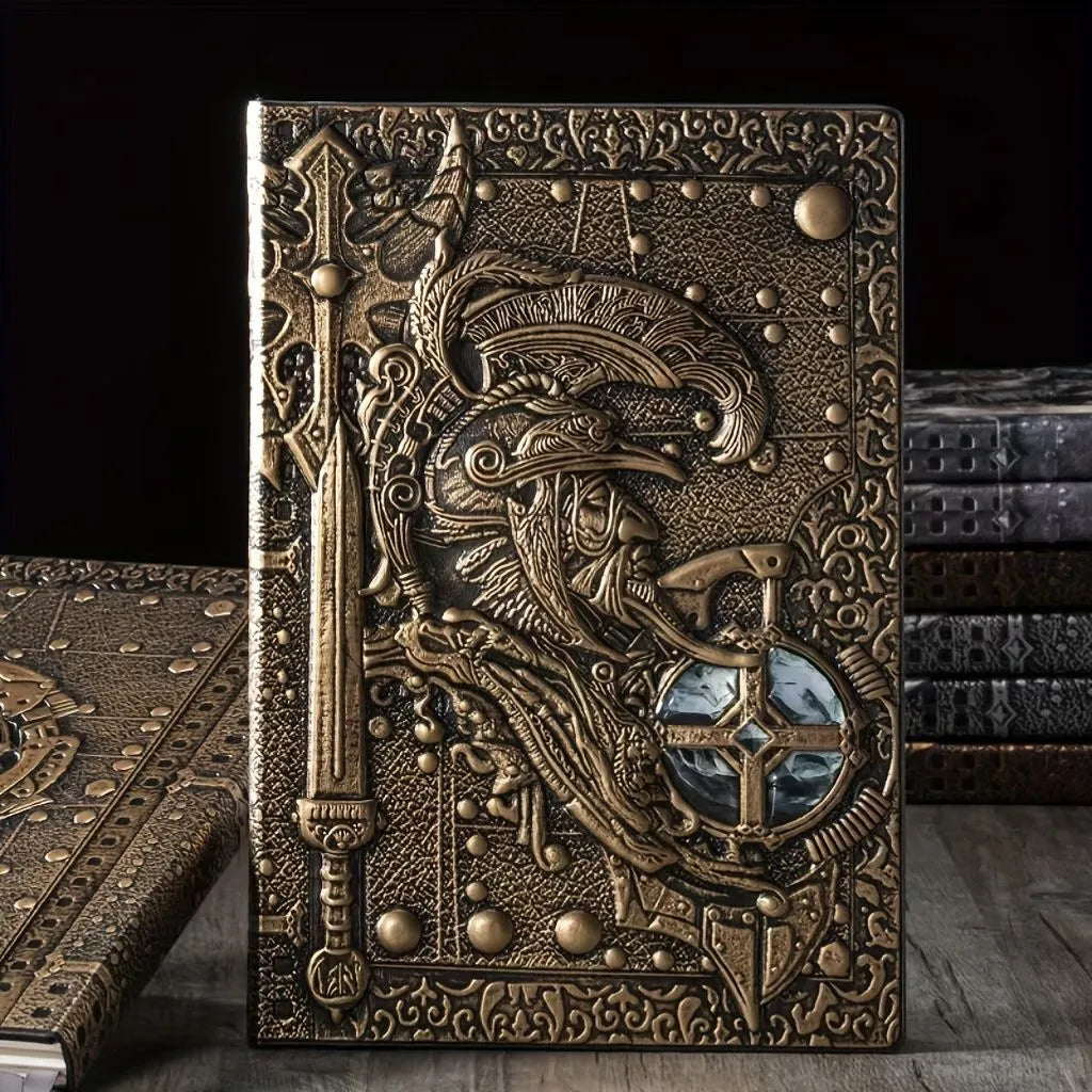 A5 leather notebook with an embossed 3D warriors relief design on the cover, shown open on paper pages.