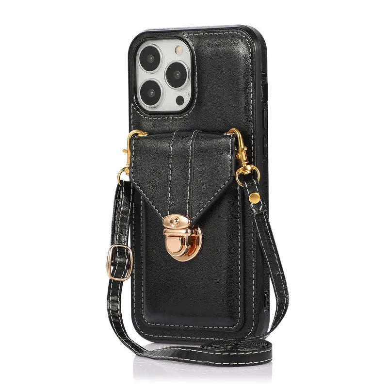 Creative Card Leather Diagonal Lanyard New Mobile Phone Case in black with lanyard and card slot