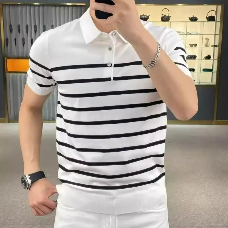 Men's black and white striped lapel knitted t-shirt with pullover style