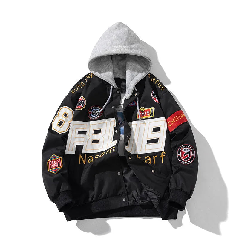 Black American motorcycle baseball uniform jacket with side pockets and removable hood