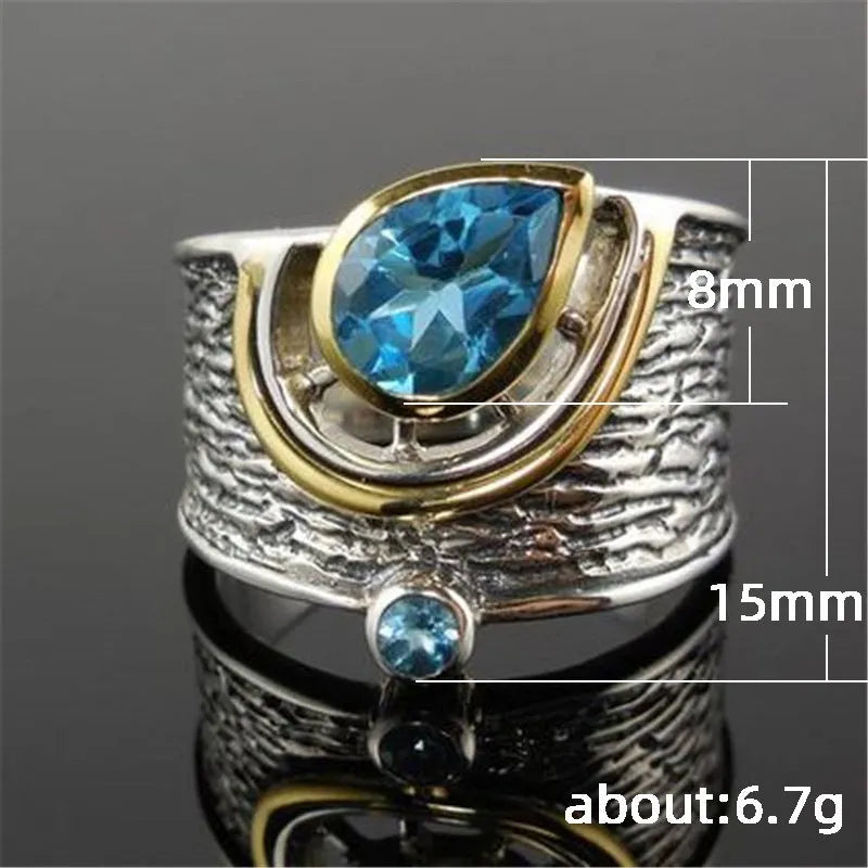 Chinese style women's blue zircon ring with drop shape design and inlaid rhinestones
