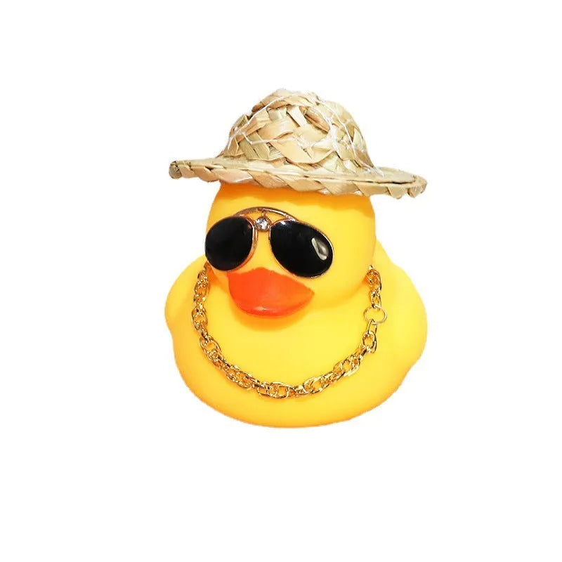Yellow duck car dashboard ornament with straw hat and matte finish