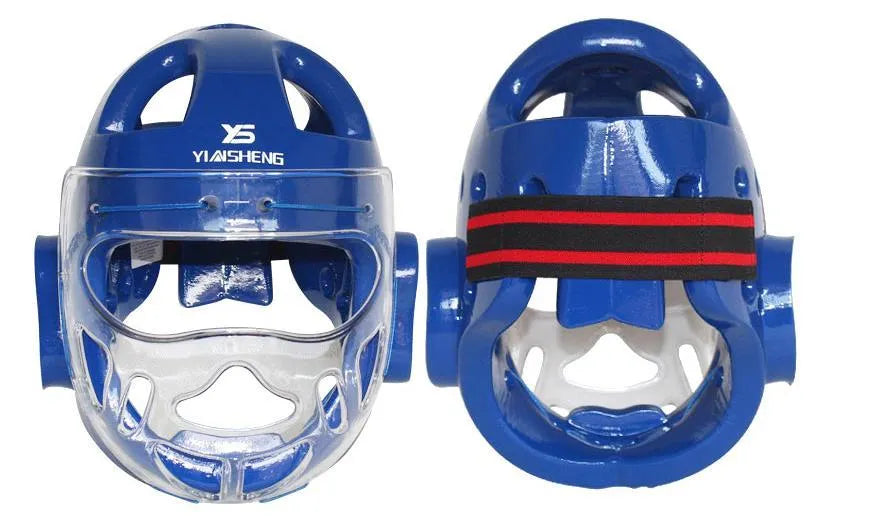 Karate helmet protective equipment for boxing training in white, blue, and red colours with multiple size options