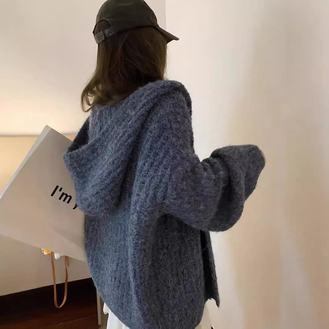 Women's dark grey retro hooded cardigan with thick knit and loose fit, shown open as a sweater.
