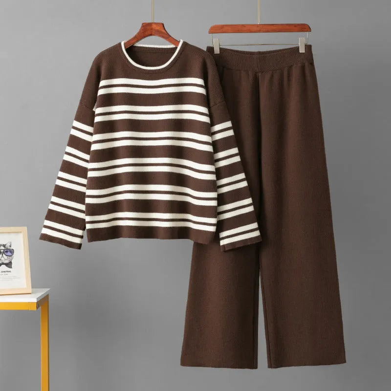 Casual striped loose sweater and wide leg pants two-piece set for women in brown