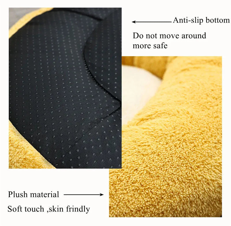A soft plush corgi-shaped pet bed for dogs or cats, shown in three available sizes.