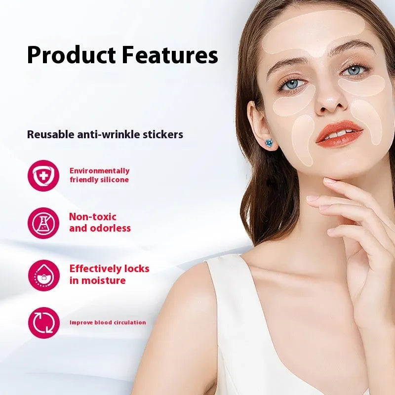 5-piece set of clear silicone anti-wrinkle face stickers for wrinkle removal and prevention weighing 26.8g