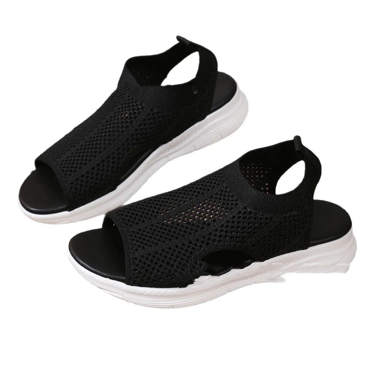 Women's black platform sports sandals with mesh lining and a flat toe bracket on a rubber sole.