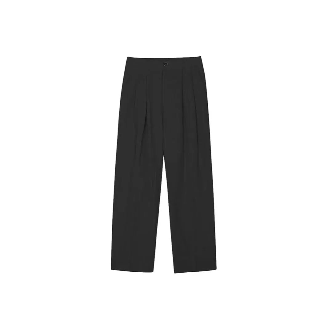 Men's loose-fit apricot cotton linen trousers with wide-leg Korean style on a neutral background.