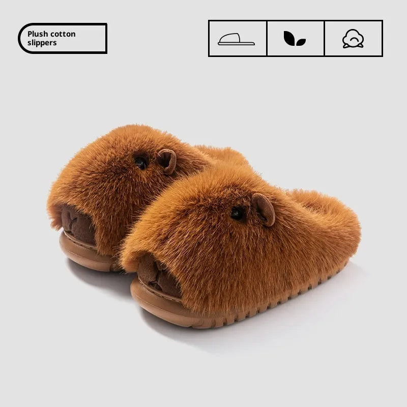 Women's cartoon plush slippers in dark brown with shearling lining and anti-slip EVA sole