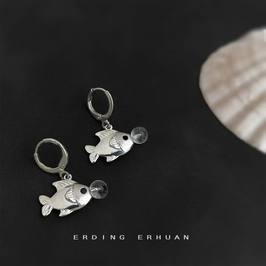 Pair of bubble fish original design goldfish earrings in electroplated copper for women.