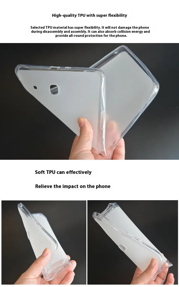 Clear silicone and TPU ultra-thin protective case for a tablet on a white background.