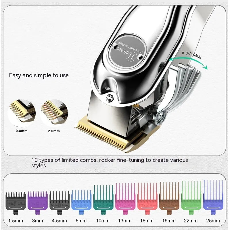 Silver rechargeable hair clipper with LED LCD display, 10 guide combs, and USB cable on a table