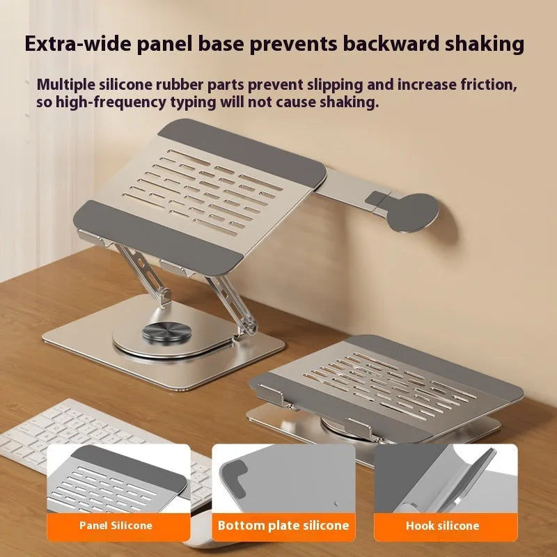 Silver carbon steel laptop stand with rotating base and side-mounted magnetic phone holder