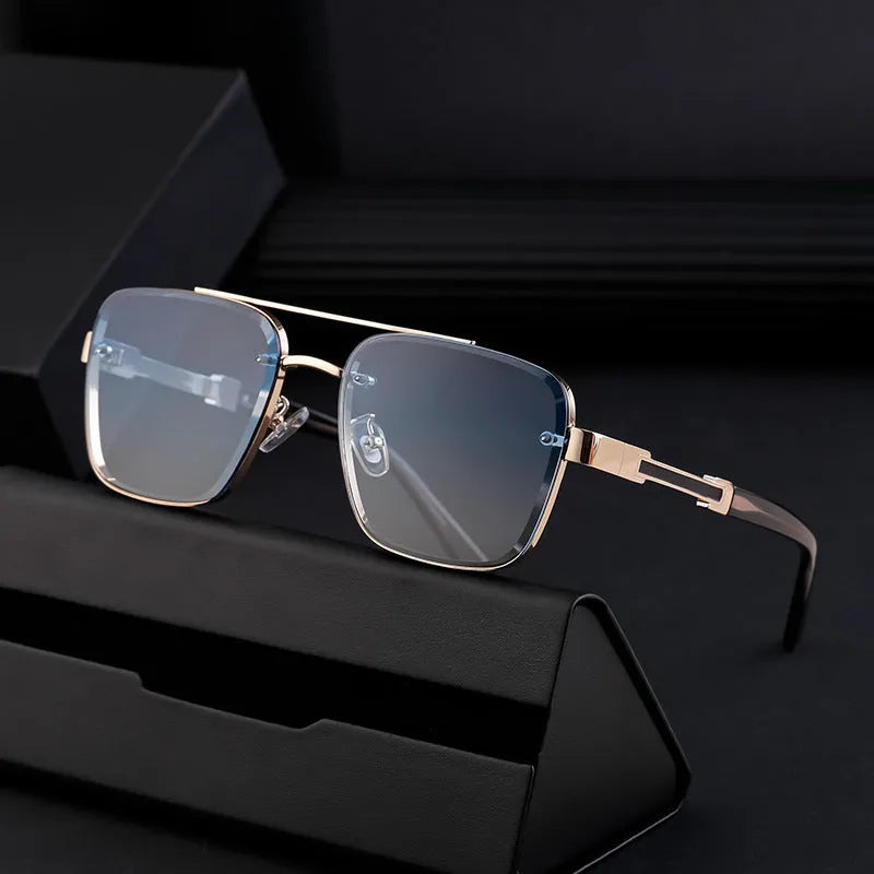 Men's vintage sunglasses with gold frame and gray lenses in European style design.