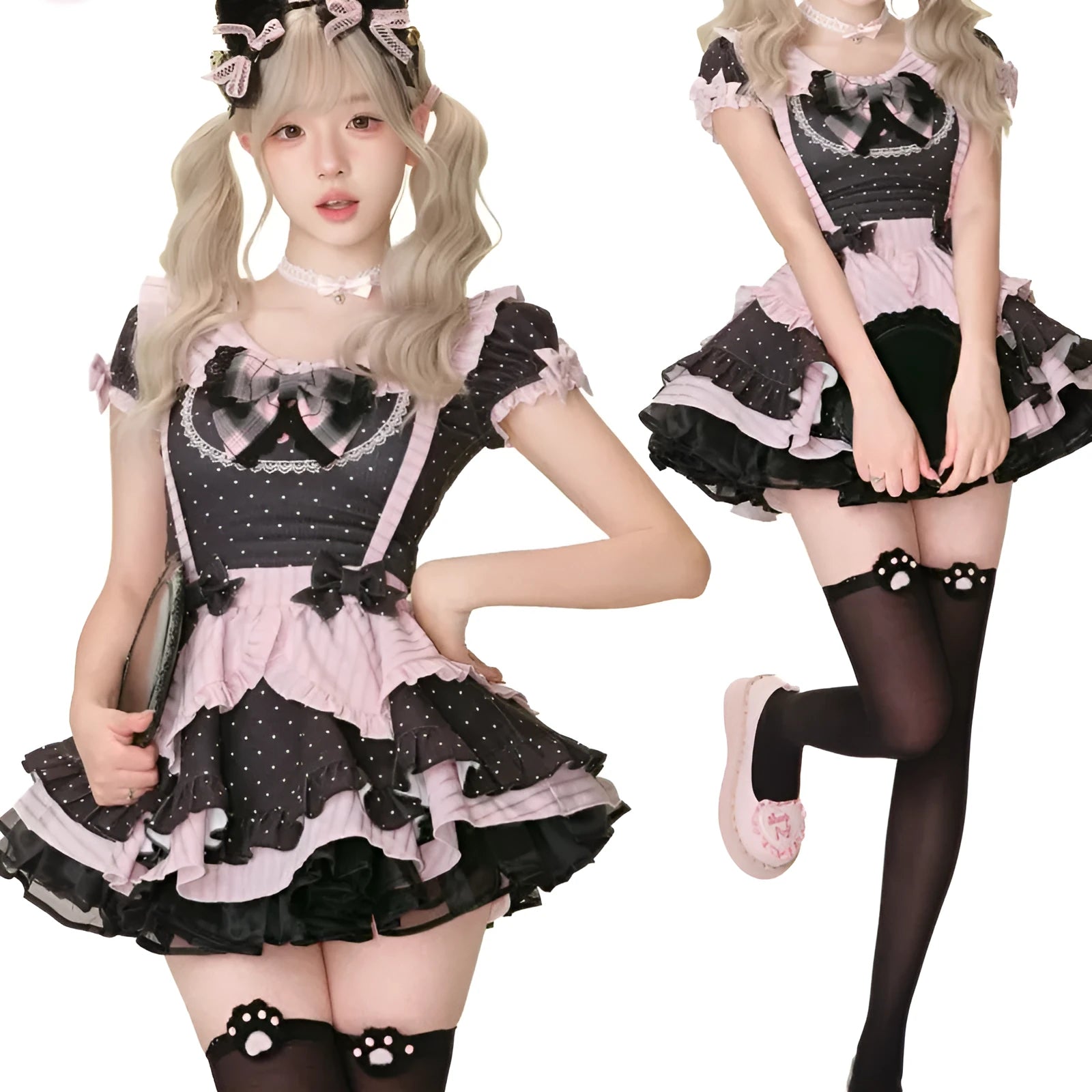 Summer polka dot top with bow, suspender skirt, and crinoline set in black