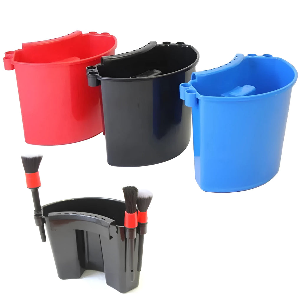 A coloured plastic car wash bucket with a side handle, shown for vehicle cleaning.