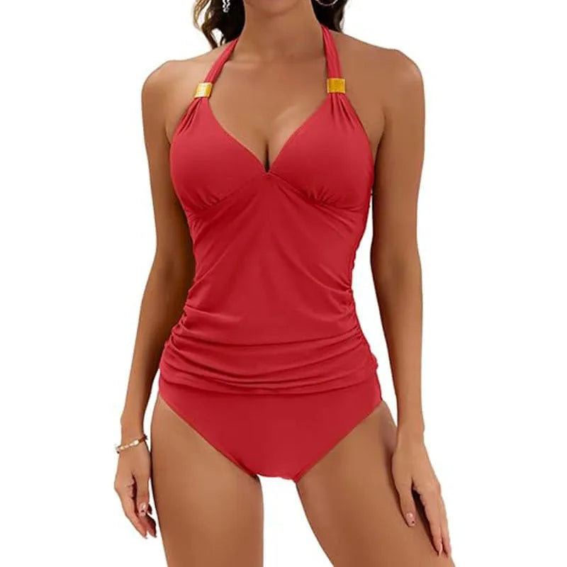 Women's red halter neck two-piece swimsuit with high-leg briefs