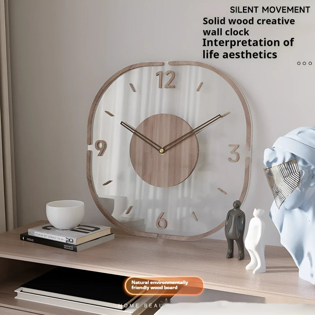 35cm square transparent wooden wall clock with modern design on wall