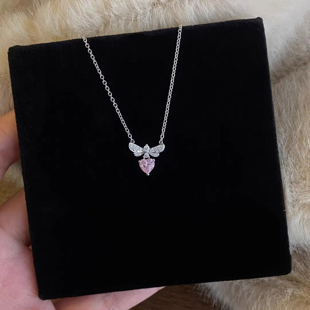 Bee Loving Heart Zircon Necklace stainless steel white gold plated copper pendant