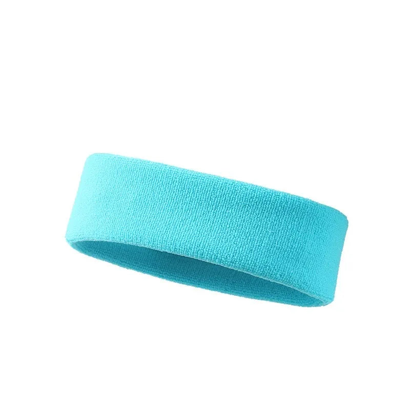 Widened elastic sports sweat band in black, blue, red, rose red, and sky blue colours.