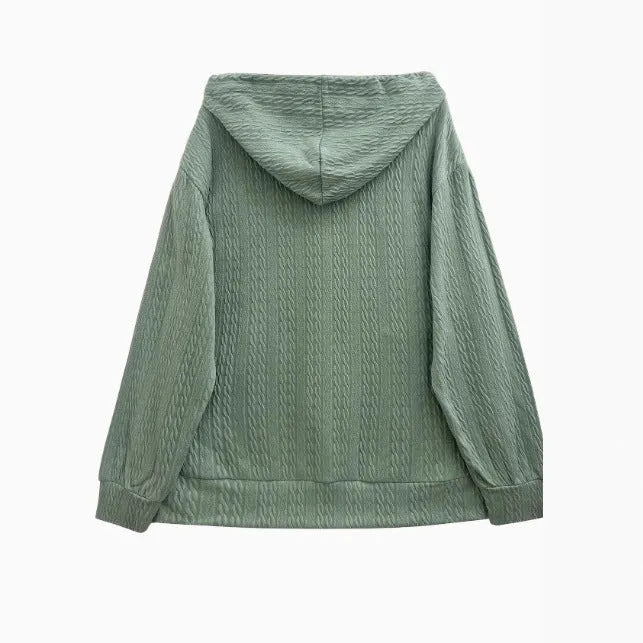 Green women's hooded zip-front sweater coat with loose fit and long sleeves.
