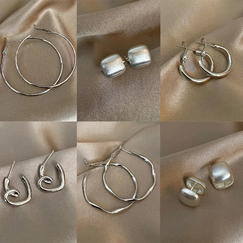 Silver Needle retro geometric metal earrings for women, electroplated zinc alloy, gold and silver styles with circle triangle quadrilateral shapes