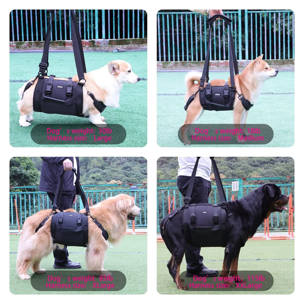 Black Oxford cloth dog harness with leg support for rehabilitation and outdoor walking