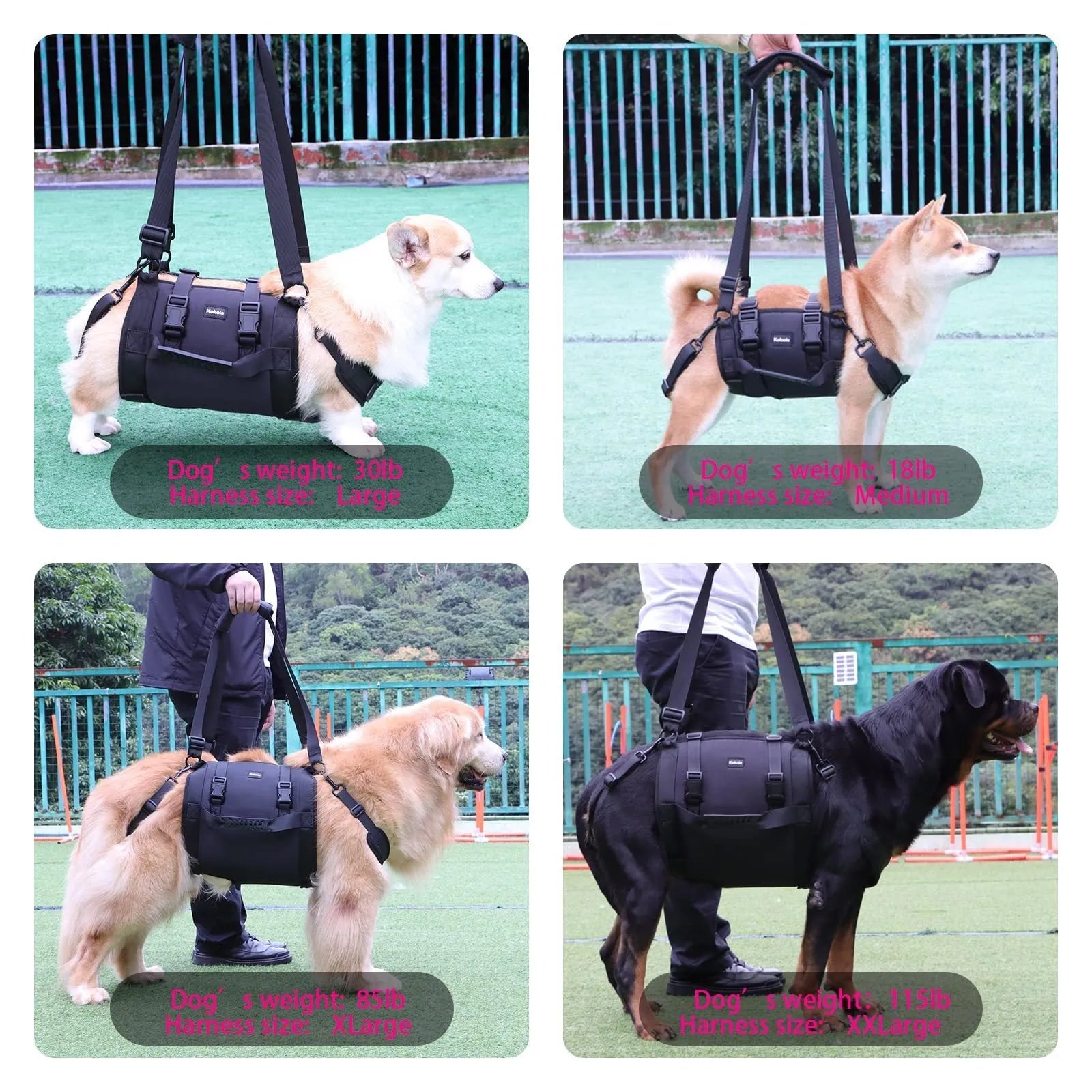 Black Oxford cloth dog harness with leg support for rehabilitation and outdoor walking
