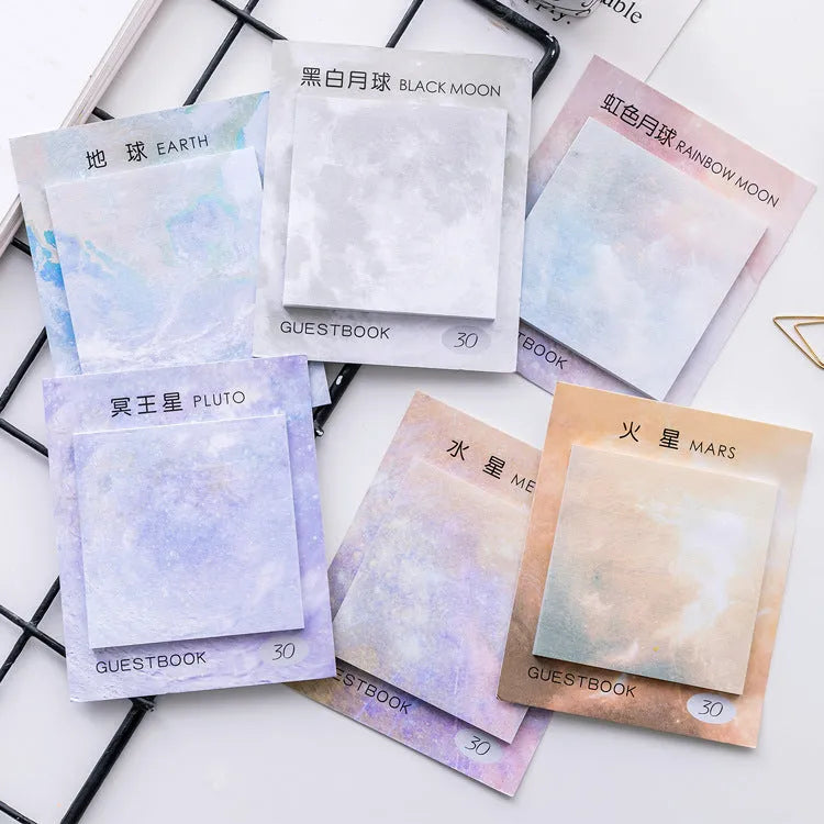 Square planet-themed sticky note pad with oil painting designs of Earth, Mars, and moons