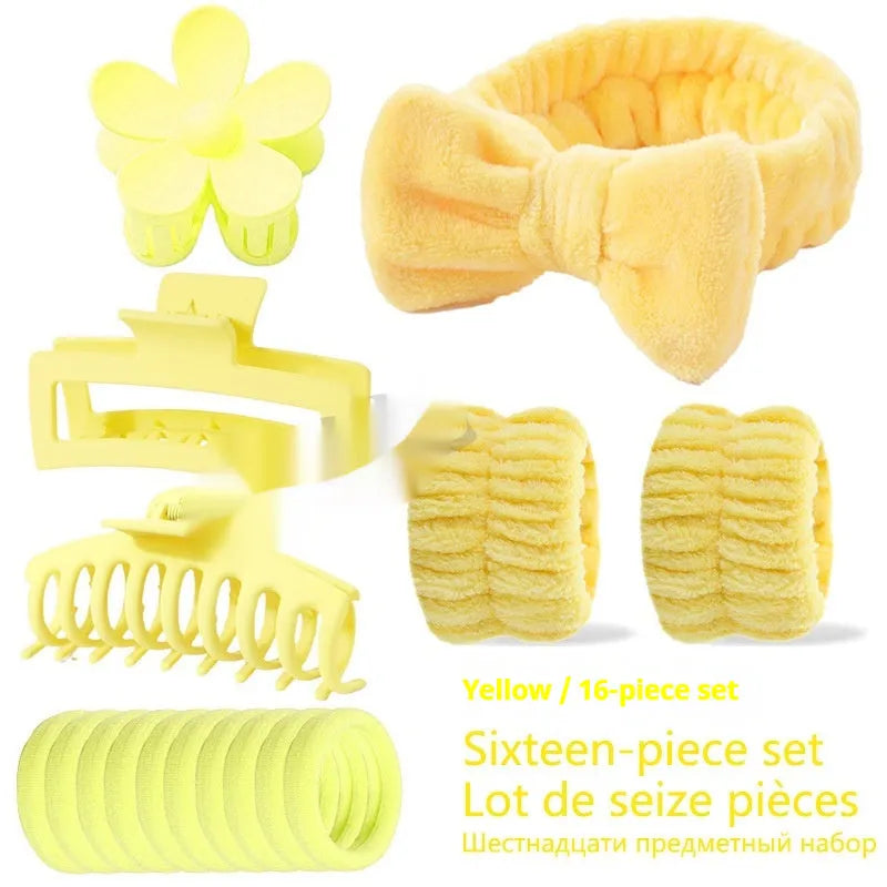 16-piece bow washing face hair band set in assorted colours with plaid pattern on OPP packaging