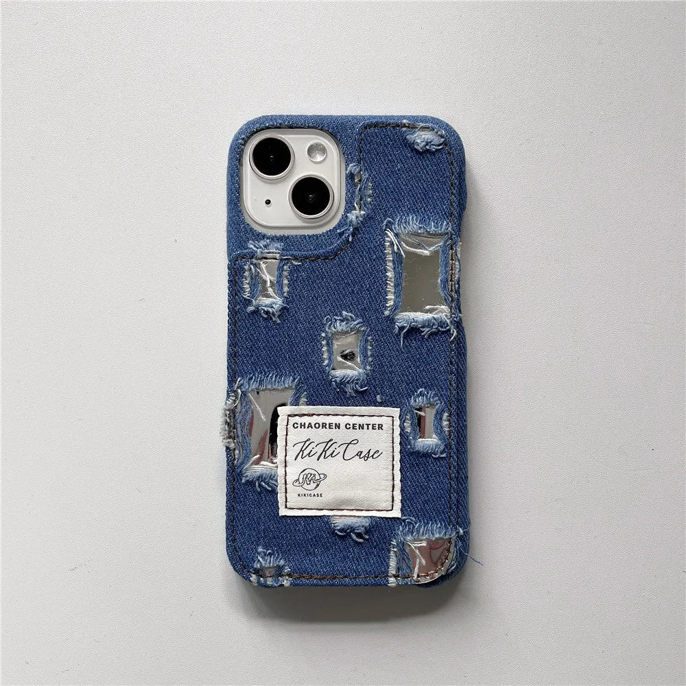 TPU mirror hole denim phone case for iPhone 12-15 series with rhinestone elements in rose red