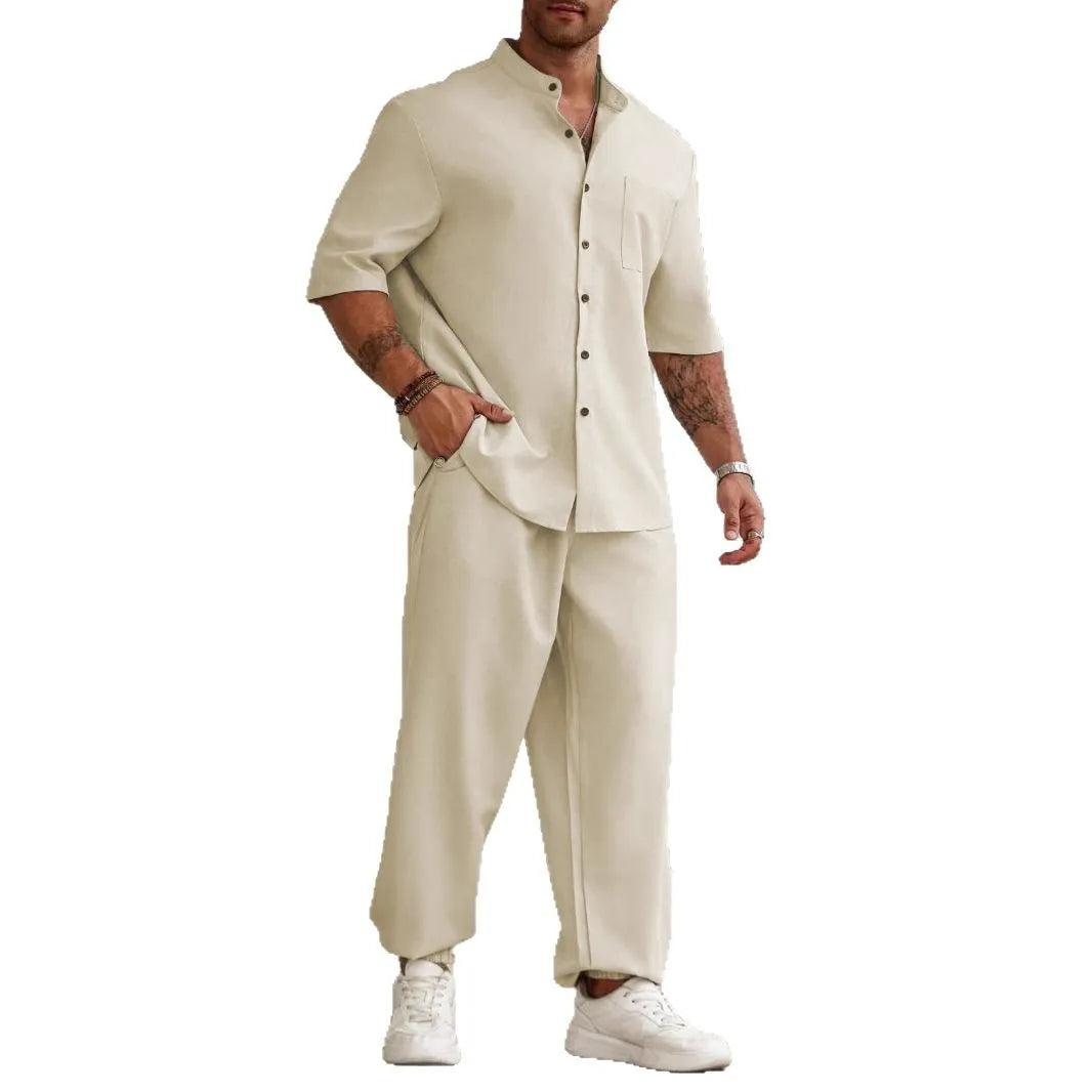 Men's cotton linen casual short-sleeved shirt and trousers set in apricot, black, or grey colours