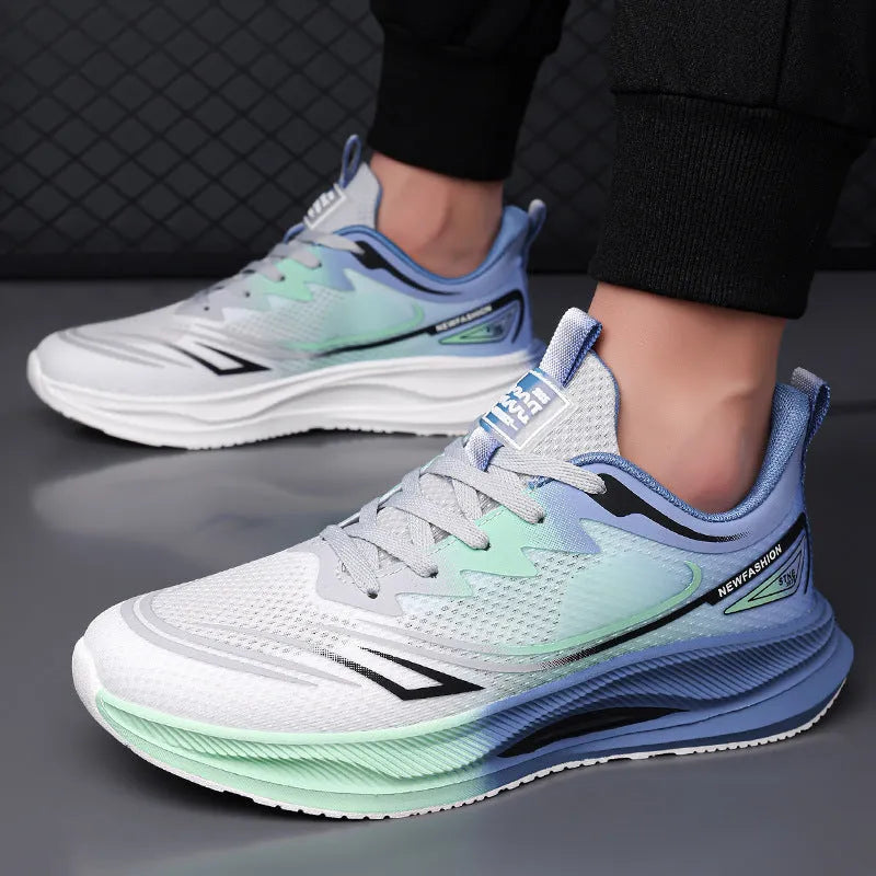 Men's low-top casual shoes in grey-green with a woven mesh upper and a rubber platform sole.
