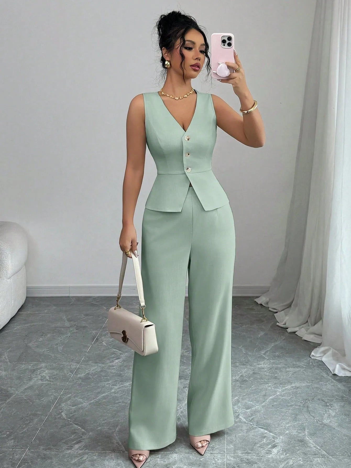 Women's sleeveless vest and high-waist trousers matching set in solid colour casual wear
