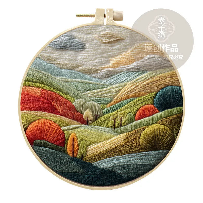 Landscape embroidery DIY kit with cotton fabric, threads, needles and bamboo frame
