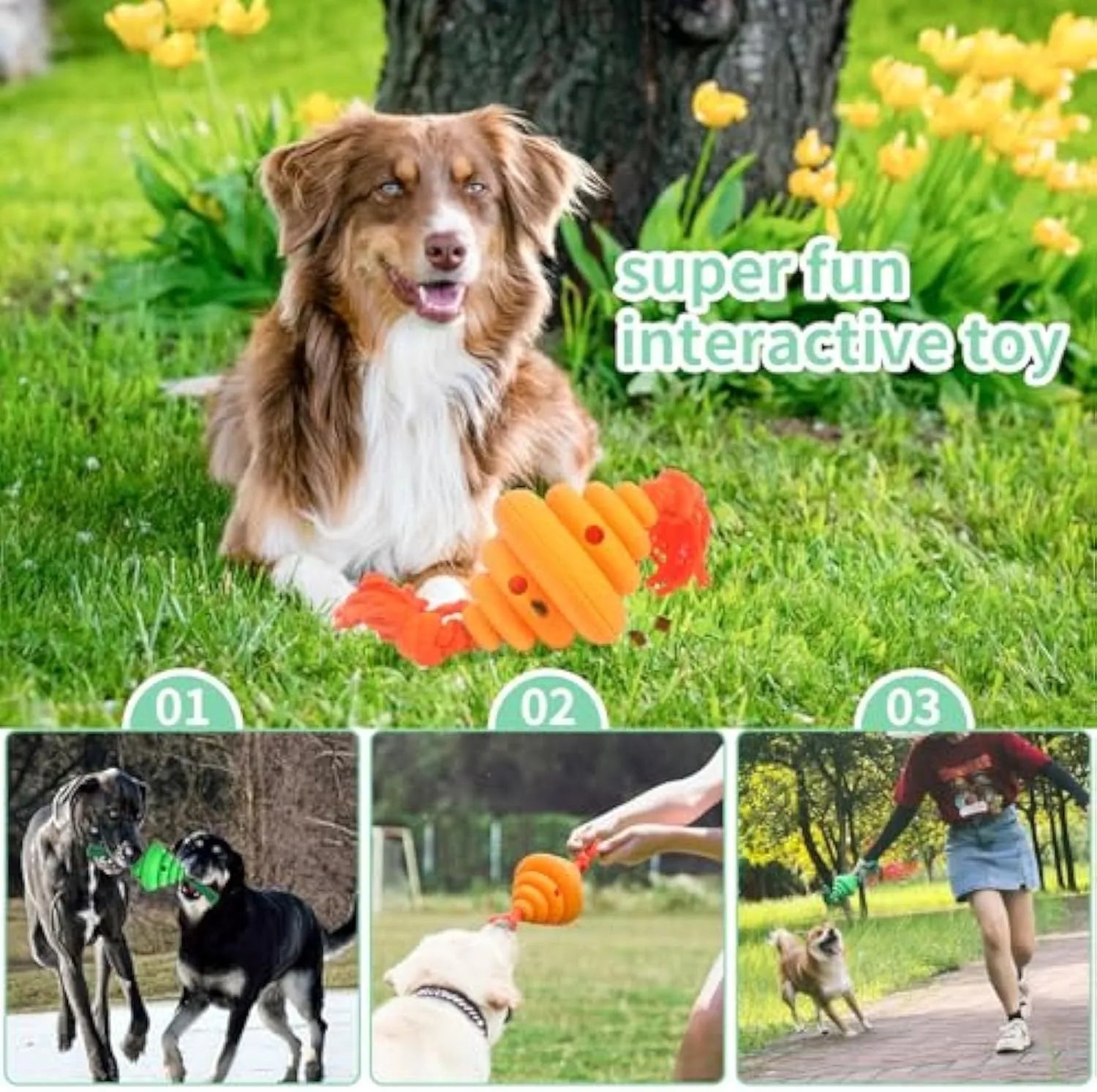 Green and yellow split oval dog ball with attached rope, a treat-dispensing chew toy