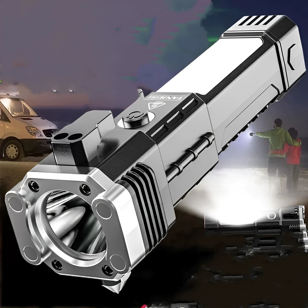 Silver portable LED torch with integrated power bank, showing USB port and IP44 rating.