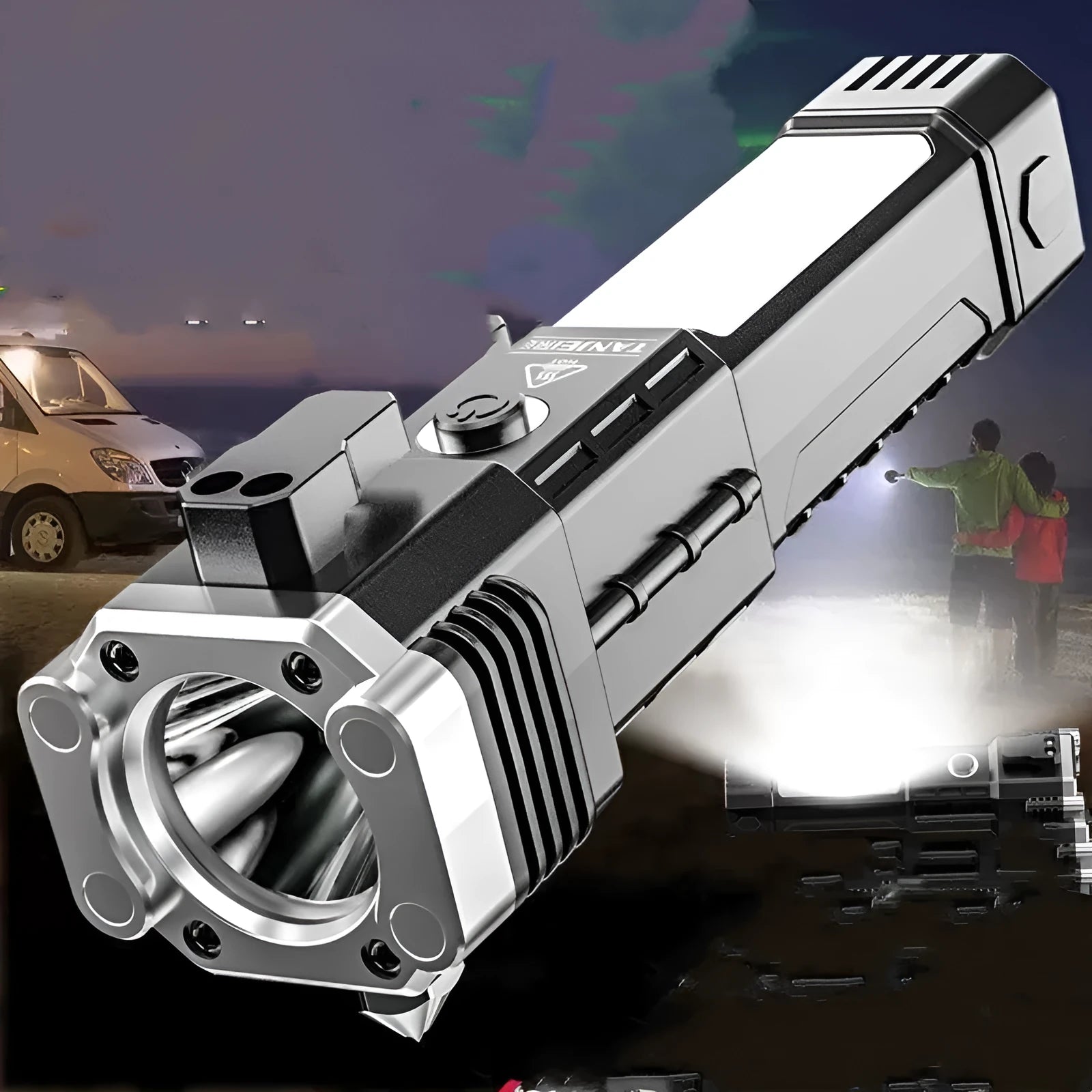 Silver portable LED torch with integrated power bank, showing USB port and IP44 rating.