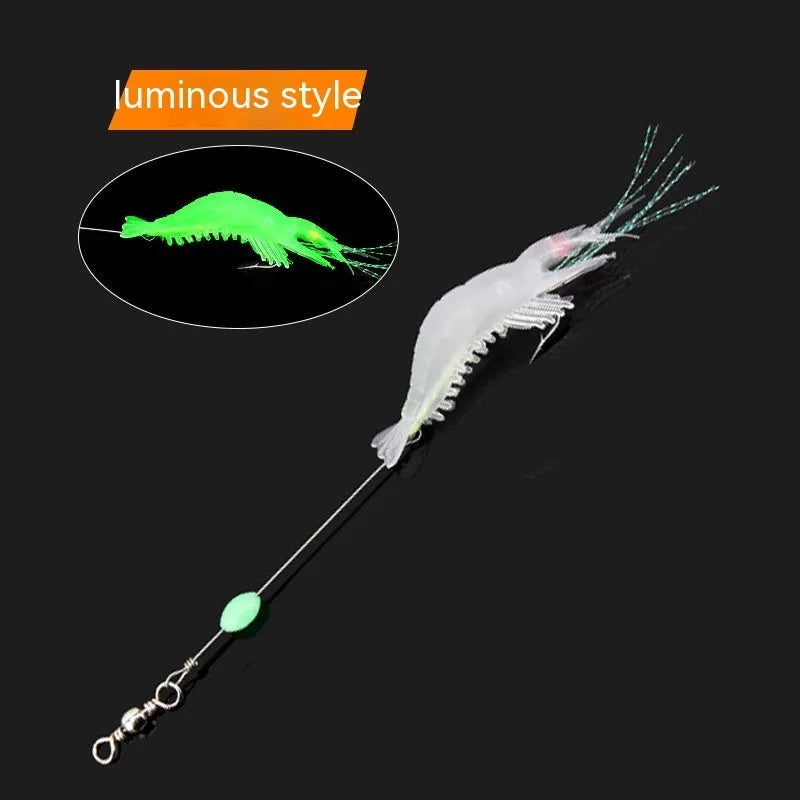 Six soft plastic fishing lures with hooks in assorted colours including black head yellow body and luminous pink