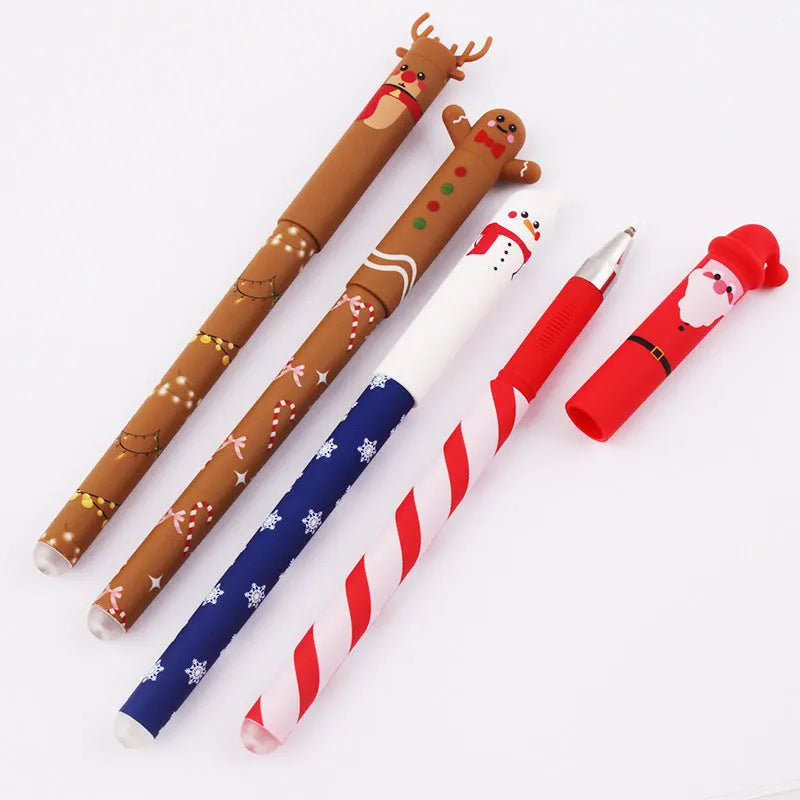 Four Christmas-themed erasable gel pens in a sleeve: Santa, gingerbread man, elk, and snowman designs