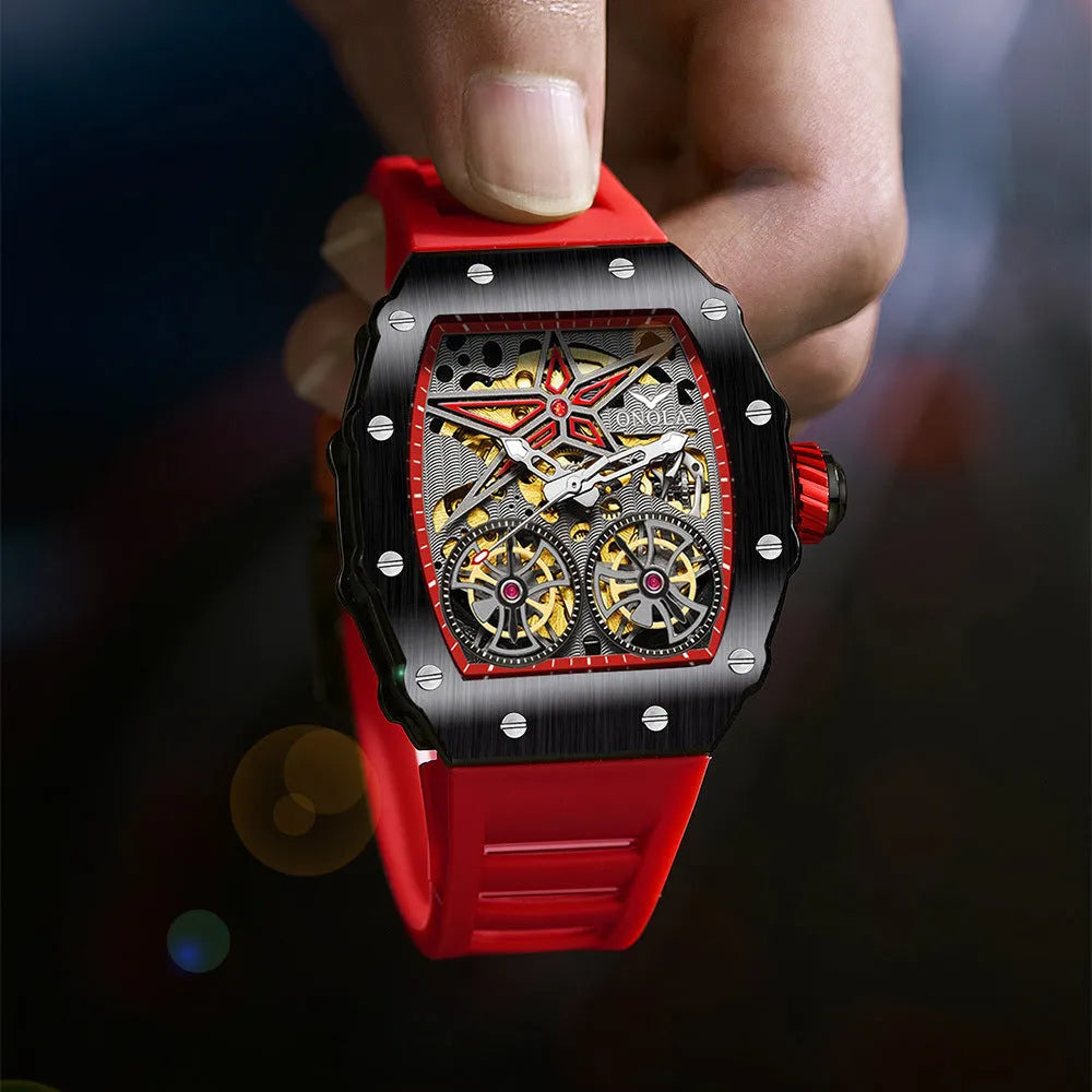 Rudder Flywheel skeleton automatic men's mechanical watch with 53mm dial and mineral glass on plastic strap